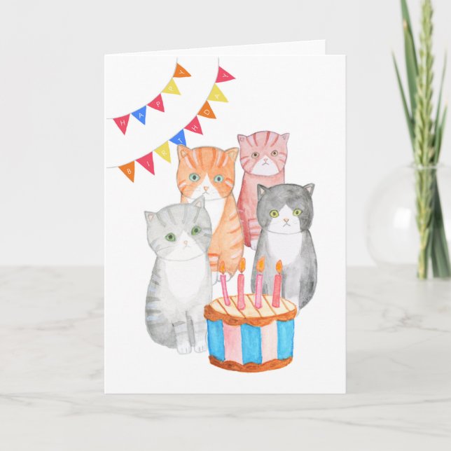 Carte Funny Cats Multiple Grumpy cat avec gâteau d'anniv (Devant)