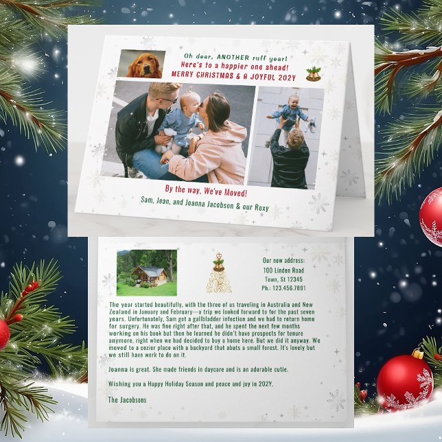 Carte Funny Chien ruff année Nous avons déplacé 4 Photos (Funny Dog Oh Dear, Another Ruff Year. We've Moved Xmas Card. 4 Photos. Elegant, golden. Snowflakes)