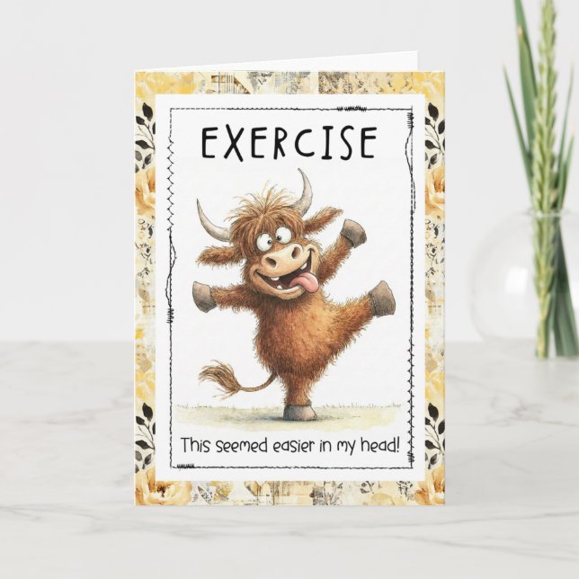 Carte Funny Exercise Highland Cow Greeting Card (Devant)