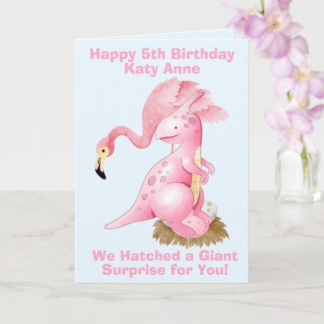 Carte Funny Flamant rose rose Dinosaur 5e anniversaire (Orchidée)