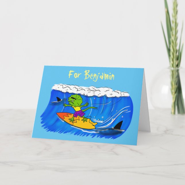 Carte Funny frilled neck lizard surfing cartoon (Devant)
