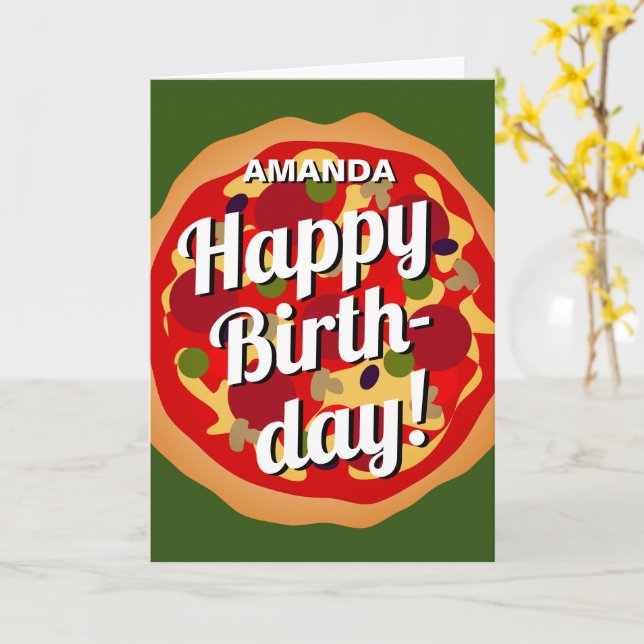 Carte Funny Happy Birthday card avec pizza pepperoni (Fleur jaune)