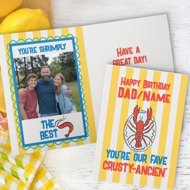 Carte Funny Homard Amalfi Yellow Stripe Photo Anniversai (funny birthday photo card with lobster and crustacean themed dad joke)