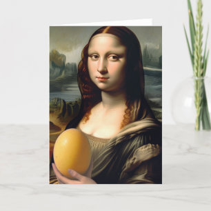 Carte Funny Mona Lisa tient un jaune d'oeuf