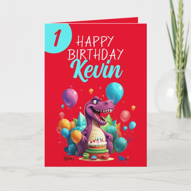 Carte Funny Red et Turquoise Trex Boy 1er anniversaire (Devant)