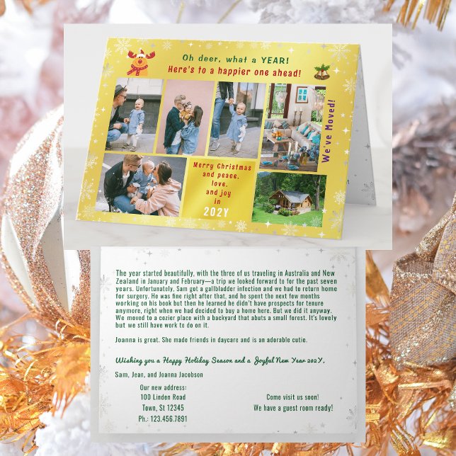 Carte Funny Rudolph Oh Deer Nous avons déplacé 6 Photos  (Funny Rudolph Oh deer Christmas card. 6 Photos. Peace, love, joy. We've Moved. Elegant, golden. Snow)