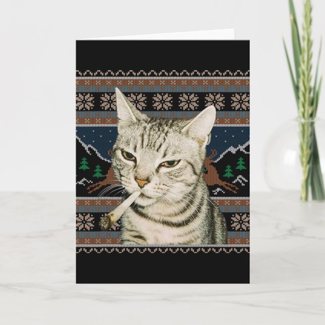 Carte Funny Smoking Cat Meme Christmas Ugly Sweater Cat  (Devant)