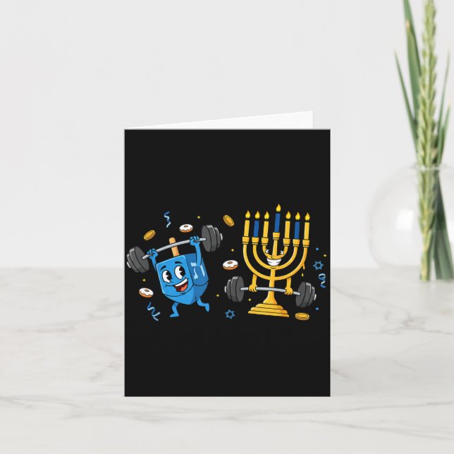 Carte Funny Weightlifting Gym Dreidel Menorah Hanukkah W (Devant)