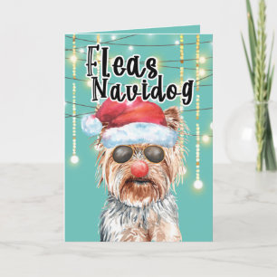 Carte Funny Yorkie Père Noël en lumières joyeuses vacanc