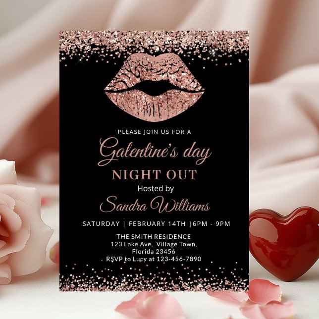 Carte Galentine's Day Night Out Rose gold Glitter Lips (Rose gold Lips Galentine's Day Night out invitation)