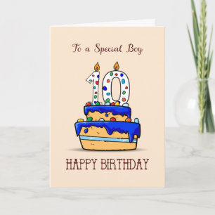 Carte Garçon 10e anniversaire, 10 sur gâteau bleu sucré