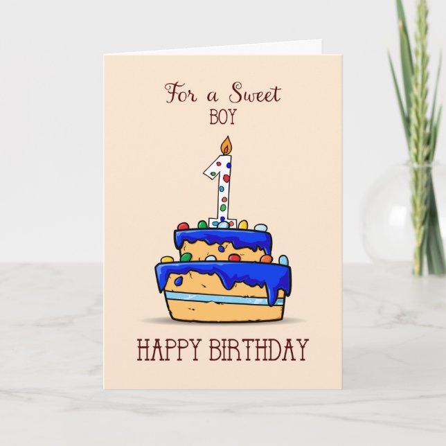 Carte Garçon 1er anniversaire, 1 sur le gâteau bleu doux (Devant)