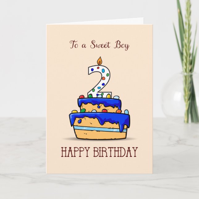 Carte Garçon 2e anniversaire, 2 sur le gâteau bleu doux (Devant)