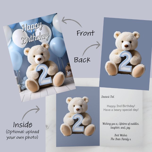 Carte Garçon 2e anniversaire mignon ours ours en peluche (Bear Baby Child Kid 2nd Second Birthday Card. White teddy bear holds number 2. Blue & White balloons)