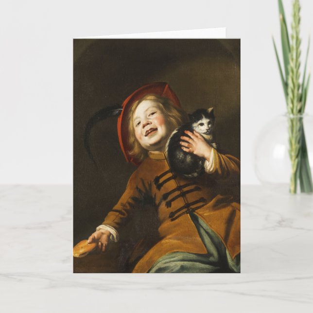 Carte Garçon en Casquette rouge Holding Kitten par Judit (Devant)