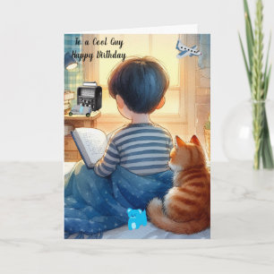 Carte Garçon lisant des livres avec un chat Anniversaire