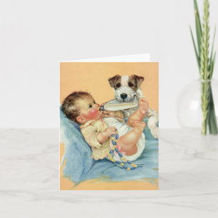 Carte Garçon mignonne vintage avec bouteille et Chien ch