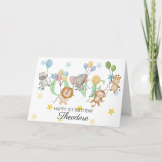 Carte Garçon Safari Animaux 1er Anniversaire, Nom Person