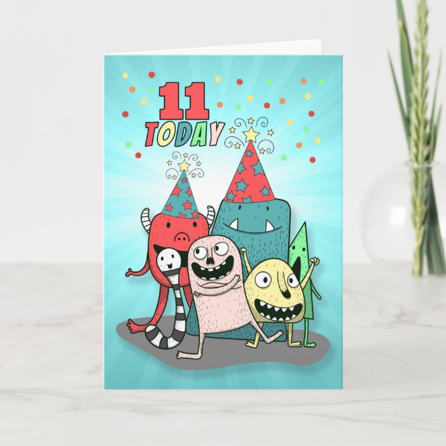 Carte Garçons 11e anniversaire Monstres de dessin animé  (Devant)