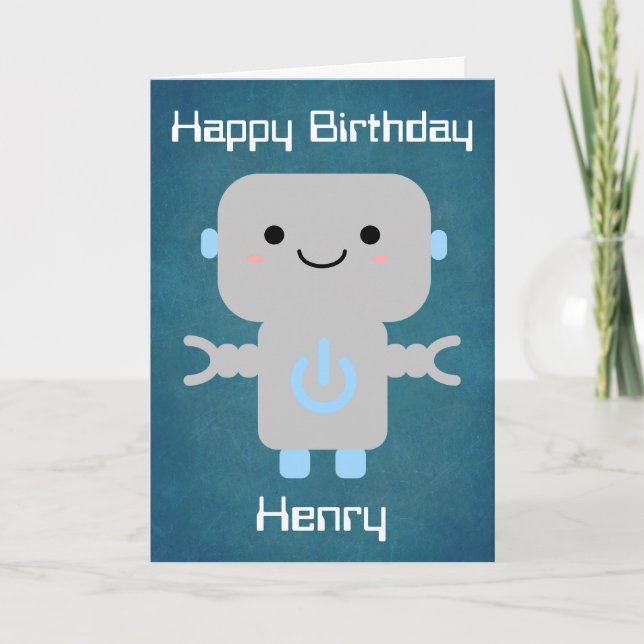 Carte Garçons Anniversaire mignon Cartoon Robot Bleu (Devant)
