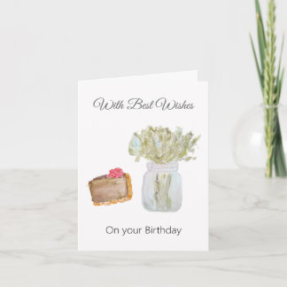 Carte Gâteau au Chocolat et Fleurs dans un Pot Aquarelle
