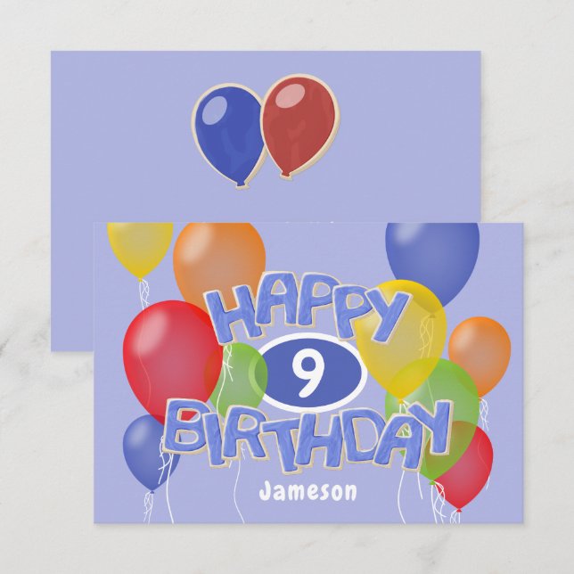 Carte gâteau d'anniversaire bleu heureux avec ballons (Devant / Derrière)