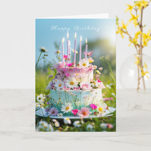Carte Gâteau d'anniversaire bougies roses fleurs de prin