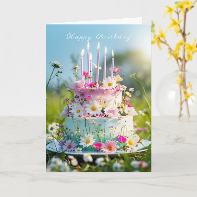 Carte Gâteau d'anniversaire bougies roses fleurs de prin (Fleur jaune)