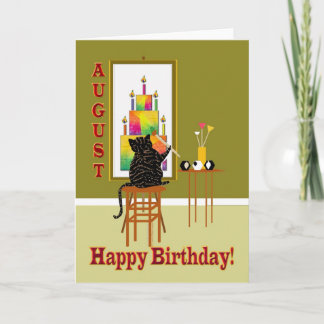 Carte Gâteau d'anniversaire de peinture de chat AOÛT