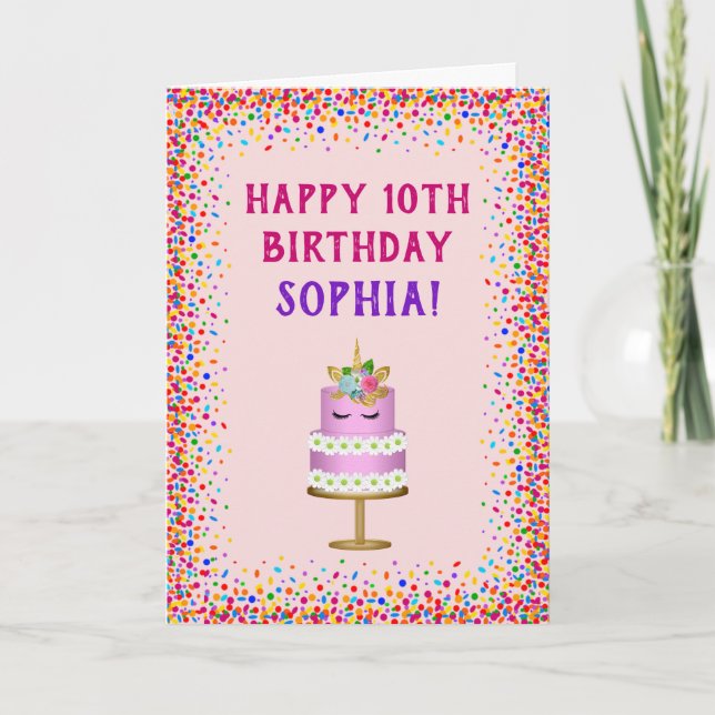Carte Gâteau d'anniversaire fille Licorne Rose Confettis (Devant)
