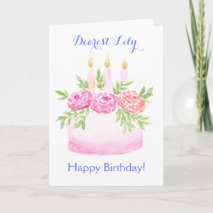Carte Gâteau d'anniversaire floral aquarelle peint à la 