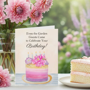 Carte Gâteau d'anniversaire floral avec Dahlia et insect