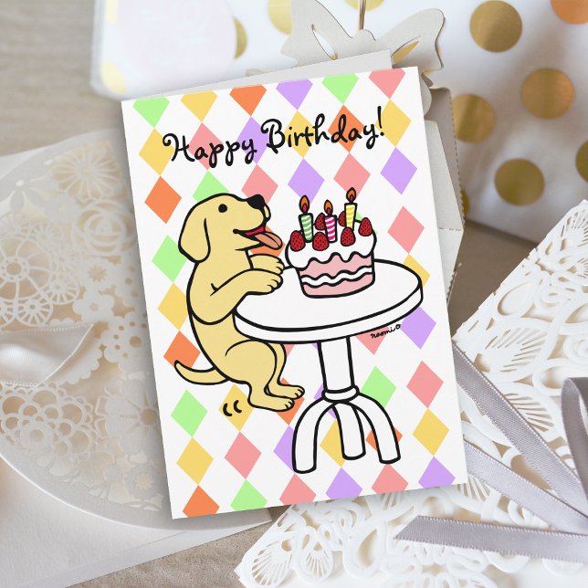 Carte Gâteau d'anniversaire Jaune Labrador Carton (Birthday Cake Yellow Labrador Cartoon Birthday Card with colorful background for dog lovers.)
