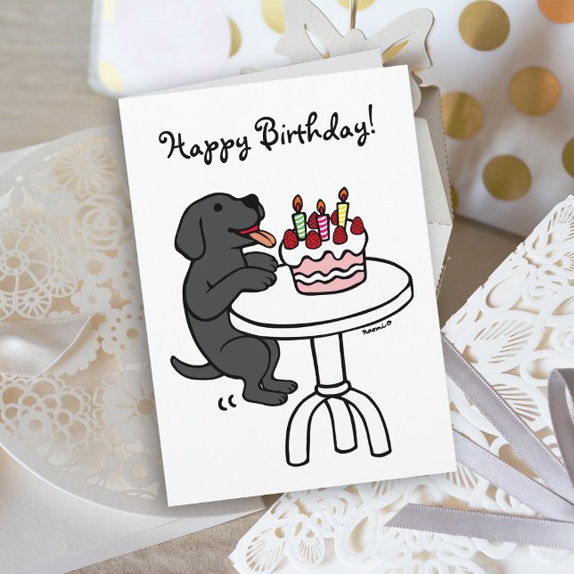 Carte Gâteau d'anniversaire Labrador noir Dessin animé S (Birthday Cake Black Labrador Cartoon Birthday Card with plain white background for dog lovers.)