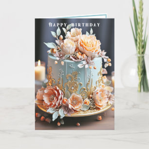 Carte Gâteau d'anniversaire Light Blue Pêche Gold Filigr
