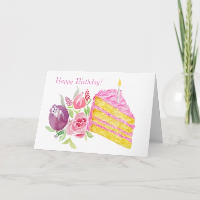 Carte Gâteau de givre rose d'anniversaire aquarelle (Devant)