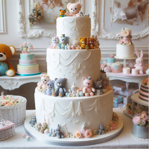 CARTE GÂTEAU ÉTAGES BLANC FESTIF DÉCORÉ DE JOUETS