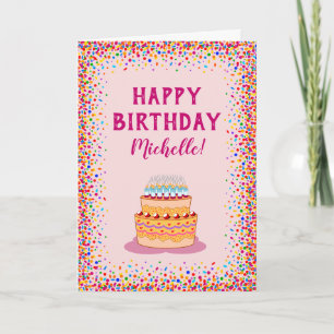 Carte Gâteau rose Confetti coloré Fête d'anniversaire