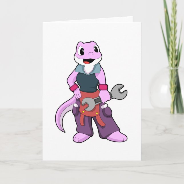 Carte Geko en mécanicien avec clé à tuyauterie (Devant)
