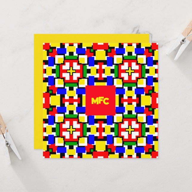 Carte Géométrie rouge, jaune, noir, bleu et vert (Devant/Arrière en situation)