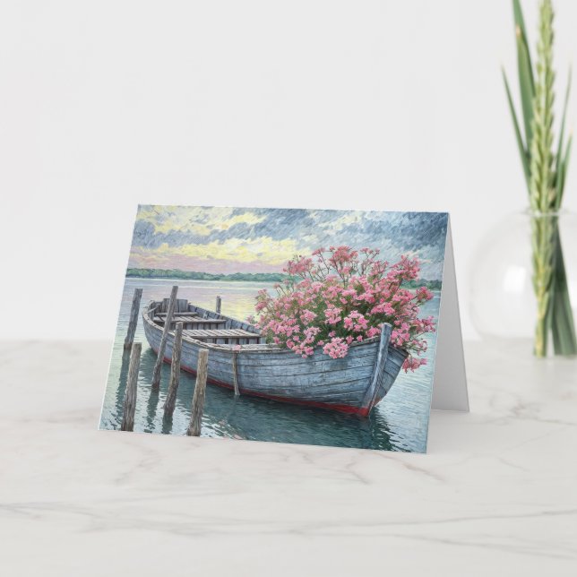 Carte Geraniums roses dans un bateau à roues pensant à v (Devant)