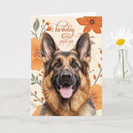 Carte German Shepherd Bold Retro Orange Flowers Birthday