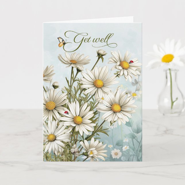 Carte Get Well White Daisy Garden with Butterflies (Petite plante)
