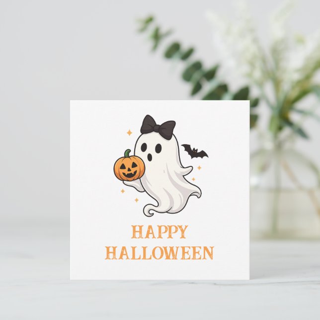 Carte Ghost mignon avec Bow et Citrouille | Halloween (Debout devant)