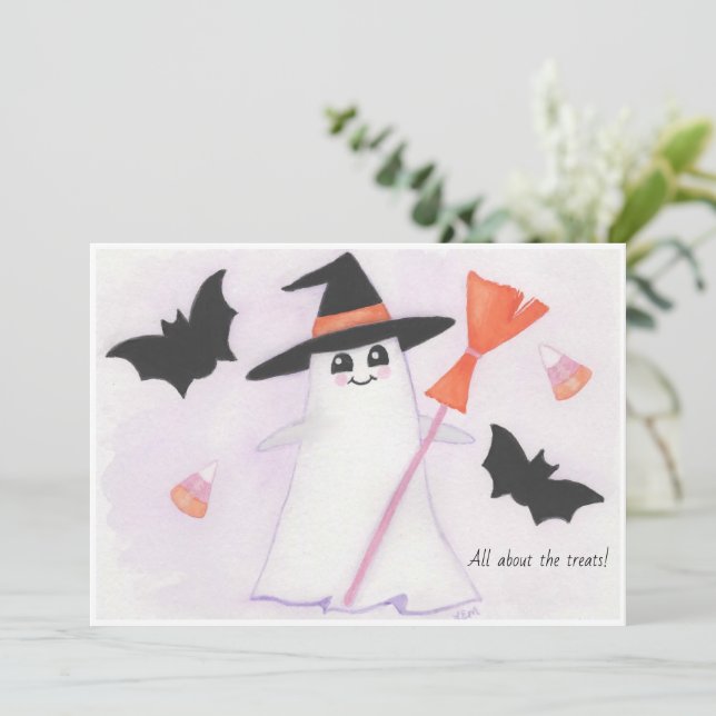 Carte Ghost mignon avec chauves-souris et bonbons (Debout devant)