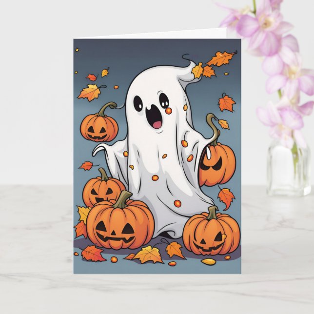 Carte Ghost mignon avec Halloween Citrouille (Orchidée)