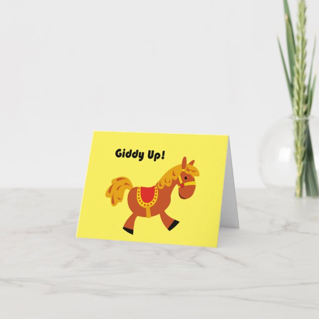 Carte Giddy Up Cheval Brown à selle, Caricature mignonne (Devant)