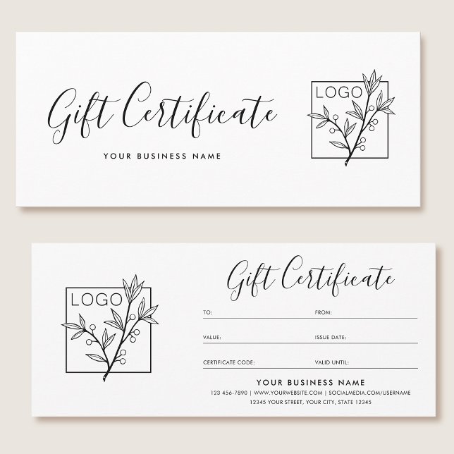 Carte Gift Certificate Logo Script Minimalist White (Créateur téléchargé)
