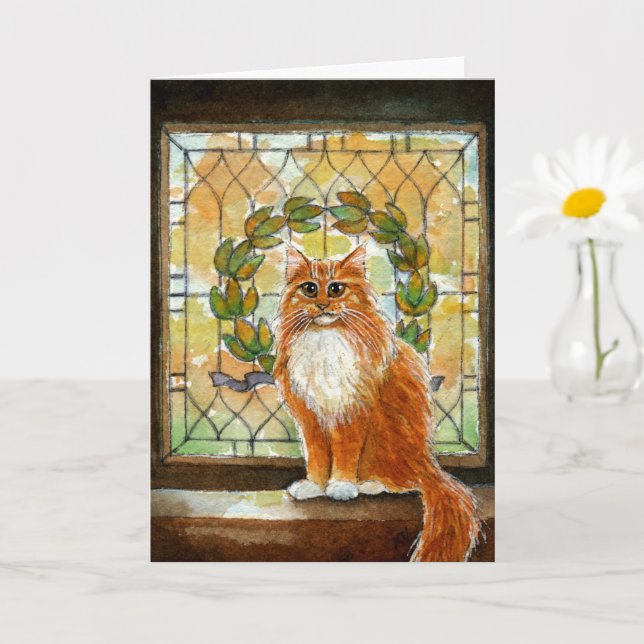 Carte Ginger cat avec vitrail victorien (Petite plante)