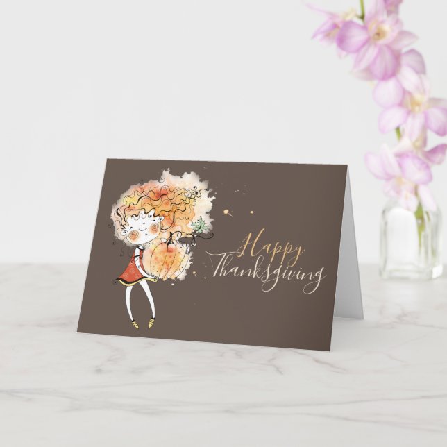 Carte Ginger Girl avec Citrouille Thanksgiving (Orchidée)
